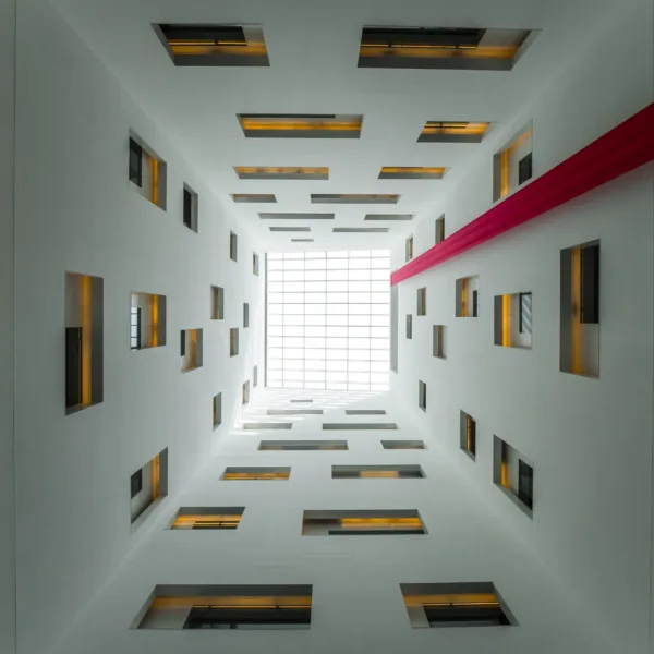 Colorful Geometric Atrium Wallpaper - Modern Office Wall Mural - Minimalist Lobby Decor - 3D Geometric Shapes - Blue, Orange, Pink, Purple, Yellow