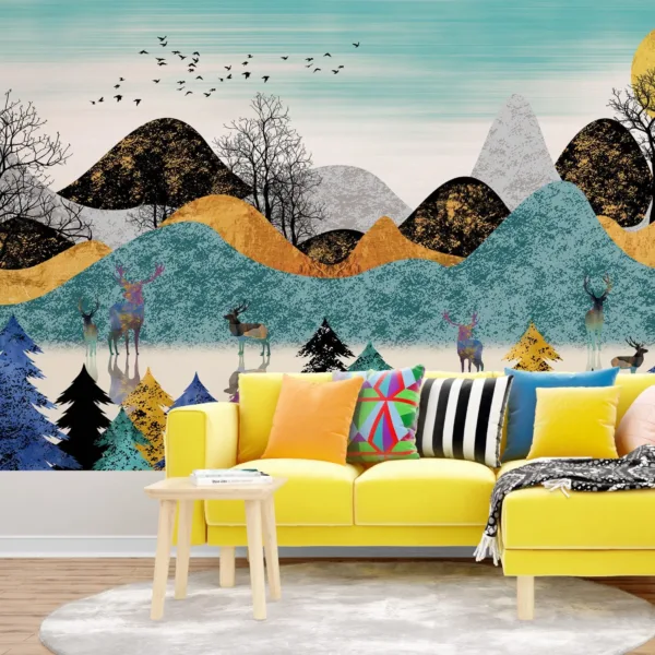Misty Forest Wallpaper - Blue, Green, Pink & Purple - Animal & Tree Mural - Mountain Landscape Wall Mural - Kids Room, Nursery Decor Misty Forest Wallpaper - Blue, Green, Pink & Purple - Animal & Tree Mural - Mountain Landscape Wall Mural - Kids Room, Nursery Decor