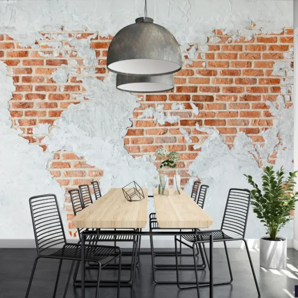 Brick Wall Mural Wallpaper - Whitewashed Brick with Green & Orange Accents - Modern Urban - Kids, Living Room & Dining Room Decor Brick Wall Mural Wallpaper - Whitewashed Brick with Green & Orange Accents - Modern Urban - Kids, Living Room & Dining Room Decor