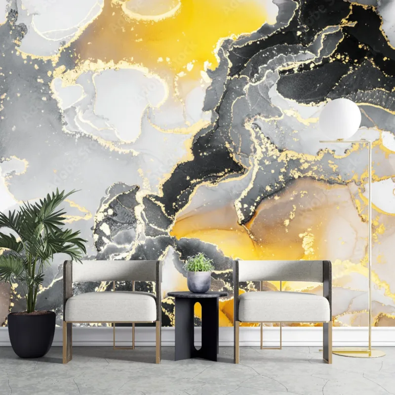 Grey Golden Ink Fluid Wallpaper - Black & Gold Marble - Luxury Wall Murals - Modern Home Decor - Bedroom & Living Room - Summer Decor