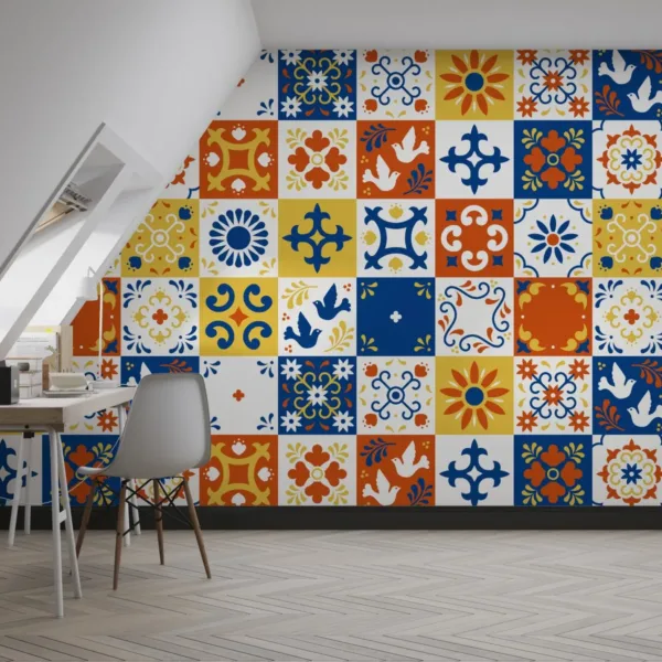 Colorful Portuguese Tiles Wallpaper - Mediterranean Style Wall Mural - Geometric Patterns - Home Decor - Living Room & Kitchen Decor