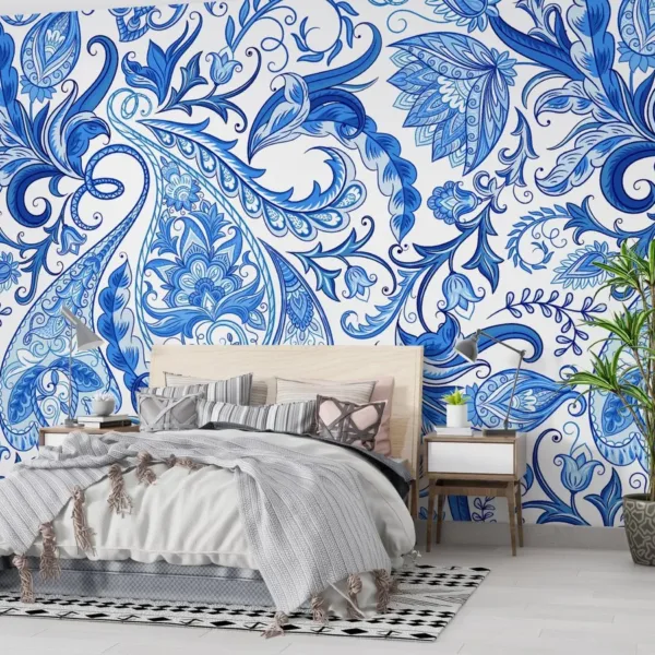 Paisley Damask Wallpaper - Blue & White Wall Mural - Luxury Classic Mural - Bedroom, Living Room & Dining Room Decor - Elegant Home Inspo