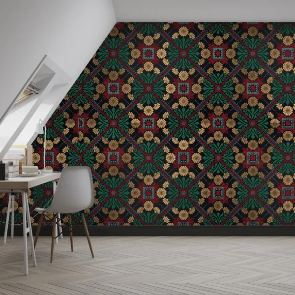 Bohemian Floral Damask Wallpaper - 3D Effect Wall Mural - Eclectic & Maximalist Decor - Blue, Green, Gold & Red Colors - Living Room & Bedroom Bohemian Floral Damask Wallpaper - 3D Effect Wall Mural - Eclectic & Maximalist Decor - Blue, Green, Gold & Red Colors - Living Room & Bedroom