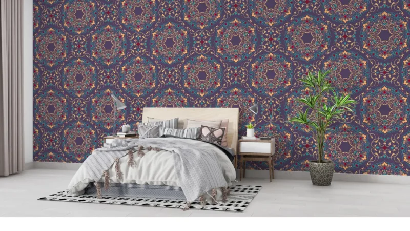 Enchanted Garden Wallpaper - Bohemian Floral Mandala Wall Mural - Jewel Tone Colors - Purple, Emerald & Sapphire - Living, Bedroom & Dining Room