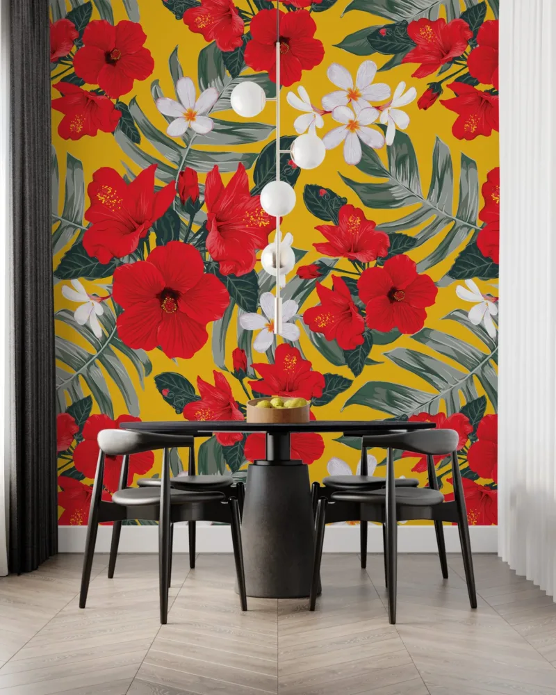 Tropical Floral Wallpaper - Yellow &Amp; Green Wall Mural With Red &Amp; White Accents - 3D Effect Wall Art - Home Office, Living Room &Amp; Bedroom Decor Tropical Floral Wallpaper - Yellow & Green Wall Mural with Red & White Accents - 3D Effect Wall Art - Home Office, Living Room & Bedroom Decor