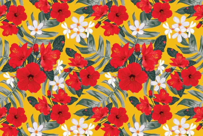 Tropical Floral Wallpaper - Yellow &Amp; Green Wall Mural With Red &Amp; White Accents - 3D Effect Wall Art - Home Office, Living Room &Amp; Bedroom Decor Tropical Floral Wallpaper - Yellow & Green Wall Mural with Red & White Accents - 3D Effect Wall Art - Home Office, Living Room & Bedroom Decor
