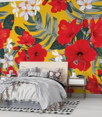 Tropical Floral Wallpaper - Yellow &Amp; Green Wall Mural With Red &Amp; White Accents - 3D Effect Wall Art - Home Office, Living Room &Amp; Bedroom Decor Tropical Floral Wallpaper - Yellow & Green Wall Mural with Red & White Accents - 3D Effect Wall Art - Home Office, Living Room & Bedroom Decor