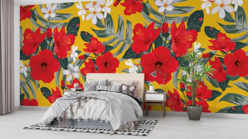Tropical Floral Wallpaper - Yellow &Amp; Green Wall Mural With Red &Amp; White Accents - 3D Effect Wall Art - Home Office, Living Room &Amp; Bedroom Decor Tropical Floral Wallpaper - Yellow & Green Wall Mural with Red & White Accents - 3D Effect Wall Art - Home Office, Living Room & Bedroom Decor