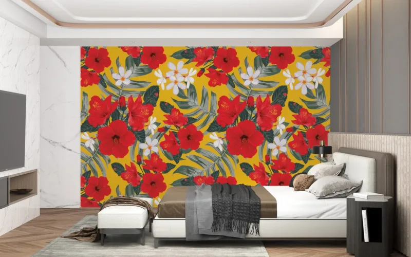 Tropical Floral Wallpaper - Yellow &Amp; Green Wall Mural With Red &Amp; White Accents - 3D Effect Wall Art - Home Office, Living Room &Amp; Bedroom Decor Tropical Floral Wallpaper - Yellow & Green Wall Mural with Red & White Accents - 3D Effect Wall Art - Home Office, Living Room & Bedroom Decor