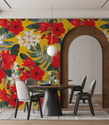 Tropical Floral Wallpaper - Yellow &Amp; Green Wall Mural With Red &Amp; White Accents - 3D Effect Wall Art - Home Office, Living Room &Amp; Bedroom Decor Tropical Floral Wallpaper - Yellow & Green Wall Mural with Red & White Accents - 3D Effect Wall Art - Home Office, Living Room & Bedroom Decor