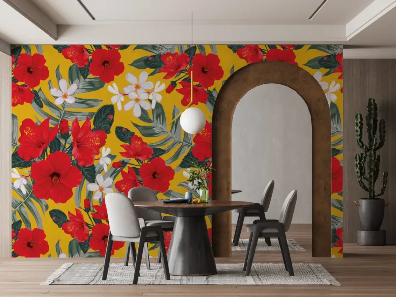 Tropical Floral Wallpaper - Yellow &Amp;Amp; Green Wall Mural With Red &Amp;Amp; White Accents - 3D Effect Wall Art - Home Office, Living Room &Amp;Amp; Bedroom Decor Tropical Floral Wallpaper - Yellow & Green Wall Mural with Red & White Accents - 3D Effect Wall Art - Home Office, Living Room & Bedroom Decor