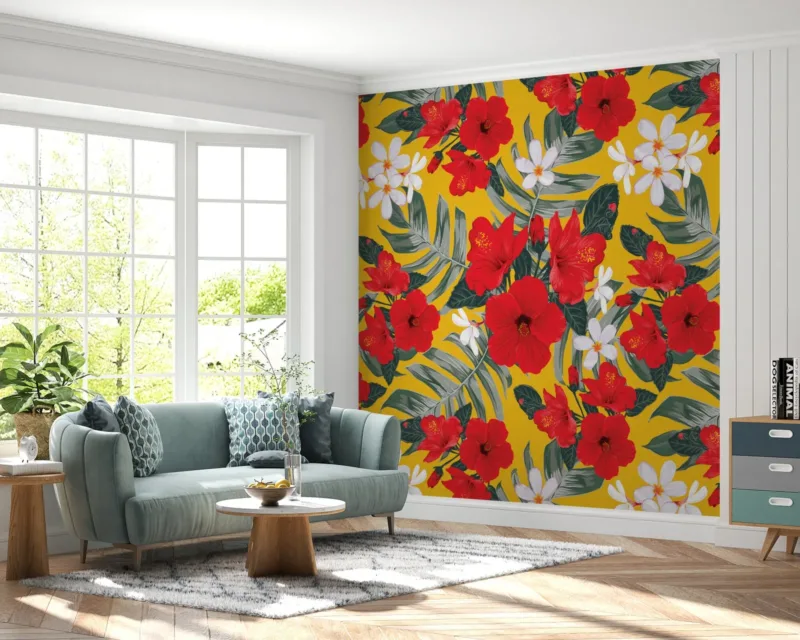 Tropical Floral Wallpaper - Yellow &Amp; Green Wall Mural With Red &Amp; White Accents - 3D Effect Wall Art - Home Office, Living Room &Amp; Bedroom Decor Tropical Floral Wallpaper - Yellow & Green Wall Mural with Red & White Accents - 3D Effect Wall Art - Home Office, Living Room & Bedroom Decor
