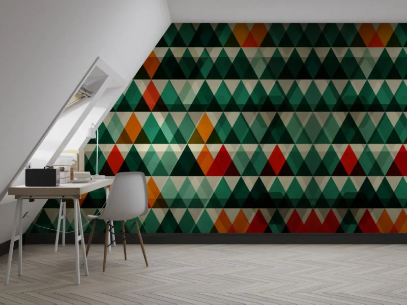 Geometric Wallpaper - Modern & Bold Wall Mural - Green, Orange & Red - Tropical & Urban Theme - Home Office Decor - Durable & Easy to Clean