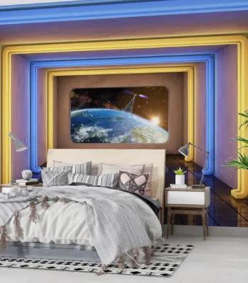 Sci-Fi Office Wallpaper - Futuristic Space Wall Mural - Blue & Yellow Colors - Modern Mural - Home Office & Study Decor - Kids Room
