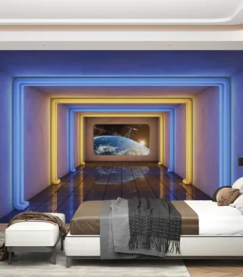 Sci-Fi Office Wallpaper - Futuristic Space Wall Mural - Blue & Yellow Colors - Modern Mural - Home Office & Study Decor - Kids Room