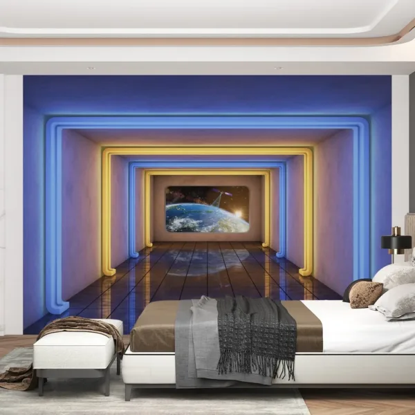 Sci-Fi Office Wallpaper - Futuristic Space Wall Mural - Blue & Yellow Colors - Modern Mural - Home Office & Study Decor - Kids Room