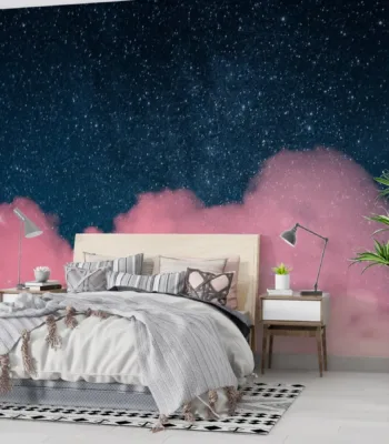Dreamy Nebula Wallpaper - Pink Clouds & Starry Night Sky Wall Mural - 3D Effect Wall Art - Calming Mural - Bedroom & Kids Room Decor