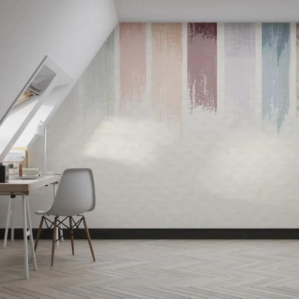 Modern Home Office Wallpaper - Stylish & Inviting Wall Mural - Striped Mural - Blue, Pink & Grey Colors - Workspace - Home Decor