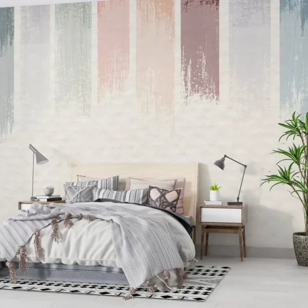 Modern Home Office Wallpaper - Stylish & Inviting Wall Mural - Striped Mural - Blue, Pink & Grey Colors - Workspace - Home Decor