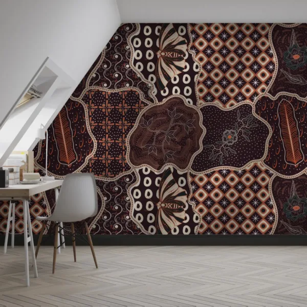 Batik Office Wallpaper - Geometric Wall Mural - Brown, Orange & White Colors - 3D Effect Wall Art - Home Office Decor - Contemporary Mural Batik Office Wallpaper - Geometric Wall Mural - Brown, Orange & White Colors - 3D Effect Wall Art - Home Office Decor - Contemporary Mural