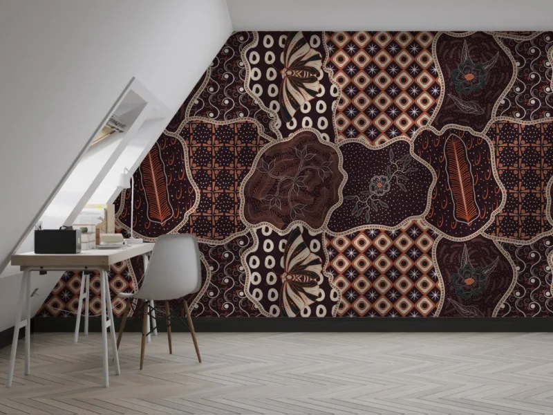 Batik Office Wallpaper - Geometric Wall Mural - Brown, Orange &Amp;Amp; White Colors - 3D Effect Wall Art - Home Office Decor - Contemporary Mural Batik Office Wallpaper - Geometric Wall Mural - Brown, Orange & White Colors - 3D Effect Wall Art - Home Office Decor - Contemporary Mural