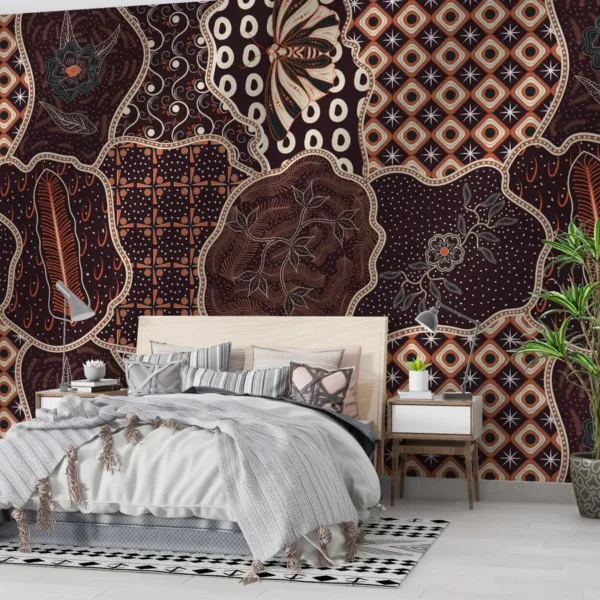 Batik Office Wallpaper - Geometric Wall Mural - Brown, Orange & White Colors - 3D Effect Wall Art - Home Office Decor - Contemporary Mural