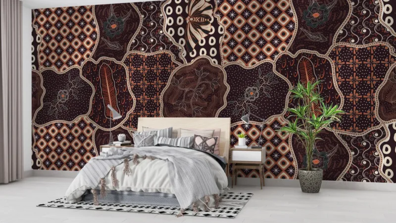 Batik Office Wallpaper - Geometric Wall Mural - Brown, Orange & White Colors - 3D Effect Wall Art - Home Office Decor - Contemporary Mural