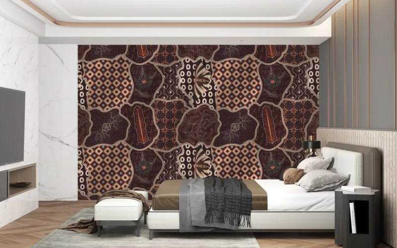 Batik Office Wallpaper - Geometric Wall Mural - Brown, Orange & White Colors - 3D Effect Wall Art - Home Office Decor - Contemporary Mural