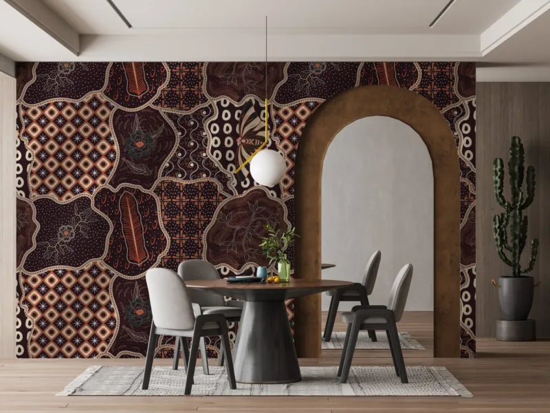 Batik Office Wallpaper - Geometric Wall Mural - Brown, Orange & White Colors - 3D Effect Wall Art - Home Office Decor - Contemporary Mural