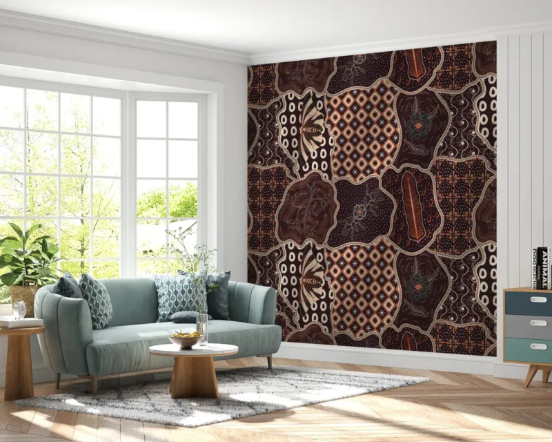 Batik Office Wallpaper - Geometric Wall Mural - Brown, Orange & White Colors - 3D Effect Wall Art - Home Office Decor - Contemporary Mural
