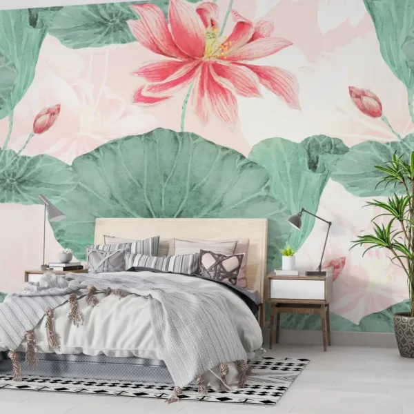 Watercolor Floral Wallpaper - Pink & Green Wall Mural - Nature Theme - Home Decor - Living Room, Bedroom & Kids Room Decor - Art & Mural Watercolor Floral Wallpaper - Pink & Green Wall Mural - Nature Theme - Home Decor - Living Room, Bedroom & Kids Room Decor - Art & Mural