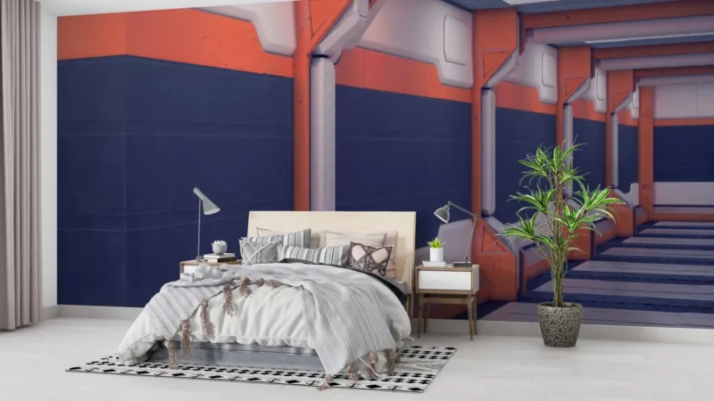 Futuristic Office Space Wallpaper - Modern & Minimalist Wall Mural - Blue & Orange Colors - Geometric Lines & Shapes - Home Office & Study Decor