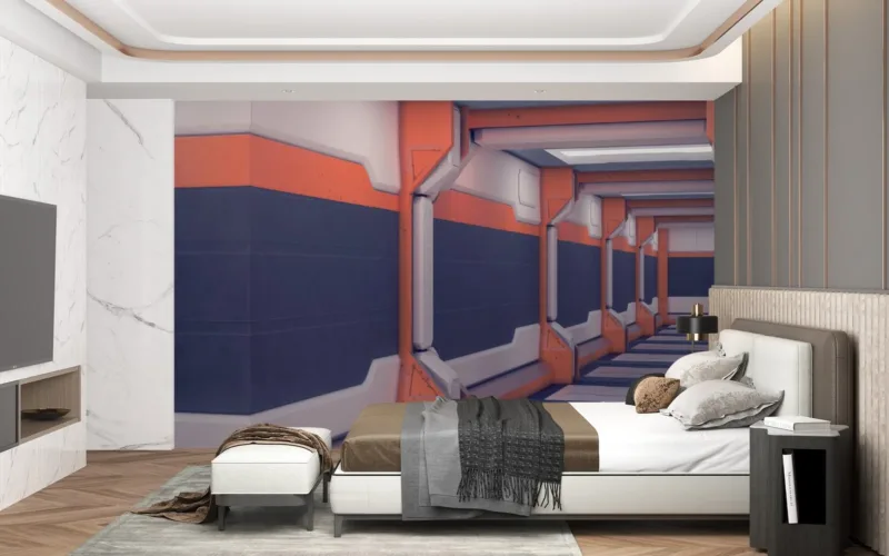 Futuristic Office Space Wallpaper - Modern & Minimalist Wall Mural - Blue & Orange Colors - Geometric Lines & Shapes - Home Office & Study Decor