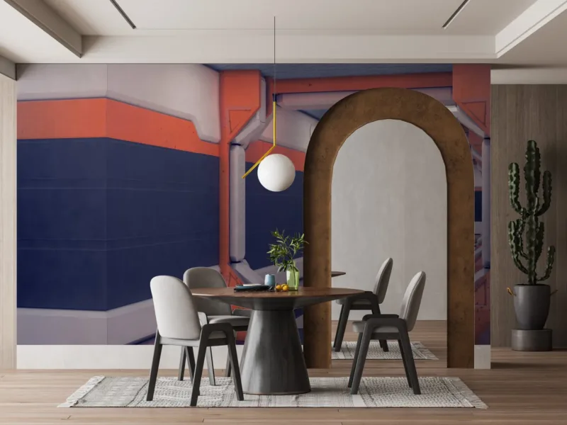 Futuristic Office Space Wallpaper - Modern & Minimalist Wall Mural - Blue & Orange Colors - Geometric Lines & Shapes - Home Office & Study Decor