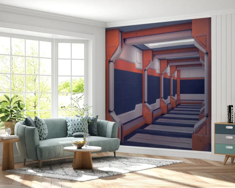 Futuristic Office Space Wallpaper - Modern & Minimalist Wall Mural - Blue & Orange Colors - Geometric Lines & Shapes - Home Office & Study Decor