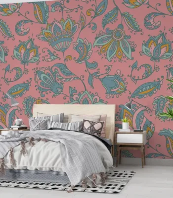 Pink Floral Damask Wallpaper - Bohemian &Amp; Eclectic Wall Mural - Vintage &Amp; Retro Style - Living Room &Amp; Bedroom Decor - Maximalist Mural Pink Floral Damask Wallpaper - Bohemian & Eclectic Wall Mural - Vintage & Retro Style - Living Room & Bedroom Decor - Maximalist Mural