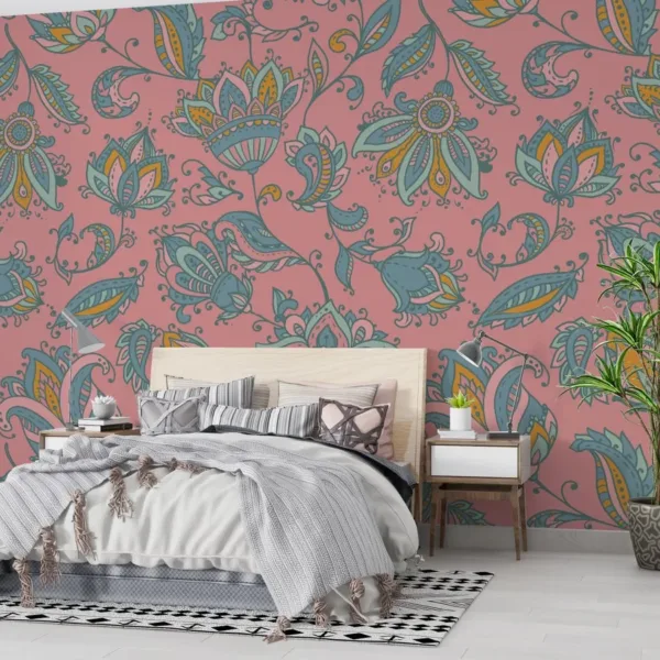 Pink Floral Damask Wallpaper - Bohemian & Eclectic Wall Mural - Vintage & Retro Style - Living Room & Bedroom Decor - Maximalist Mural Pink Floral Damask Wallpaper - Bohemian & Eclectic Wall Mural - Vintage & Retro Style - Living Room & Bedroom Decor - Maximalist Mural
