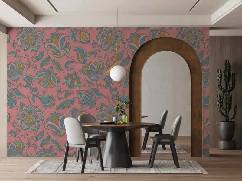 Pink Floral Damask Wallpaper - Bohemian & Eclectic Wall Mural - Vintage & Retro Style - Living Room & Bedroom Decor - Maximalist Mural