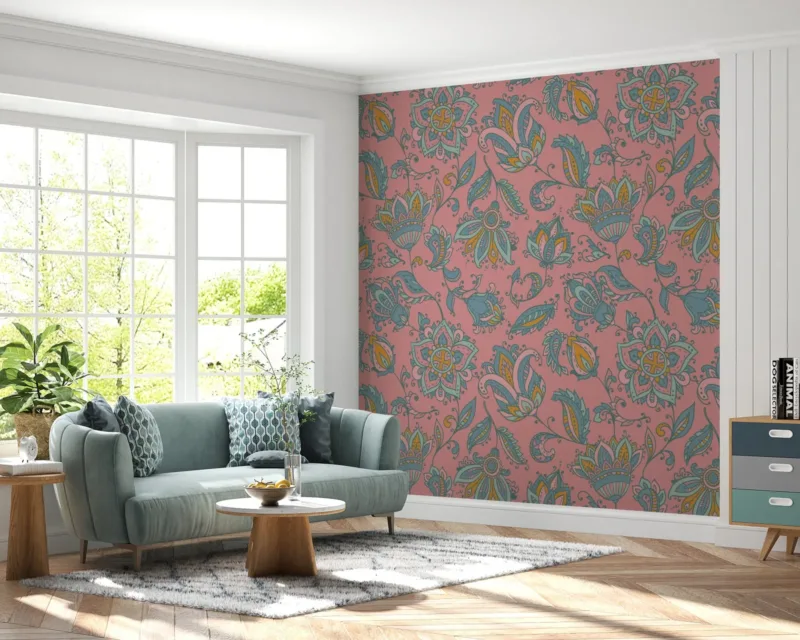 Pink Floral Damask Wallpaper - Bohemian & Eclectic Wall Mural - Vintage & Retro Style - Living Room & Bedroom Decor - Maximalist Mural
