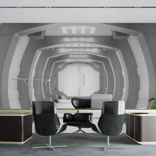 Futuristic Tunnel Wallpaper - Modern & Minimalist Wall Mural - 3D Effect Wall Art - Black, Grey & White - Home Office & Study Decor - Sci-Fi Theme