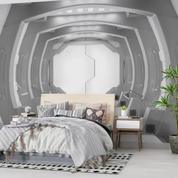 Futuristic Tunnel Wallpaper - Modern & Minimalist Wall Mural - 3D Effect Wall Art - Black, Grey & White - Home Office & Study Decor - Sci-Fi Theme