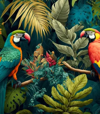 Tropical Rainforest With Parrots Mural Wallpaper Tropical rainforest with Parrots Mural Wallpaper
