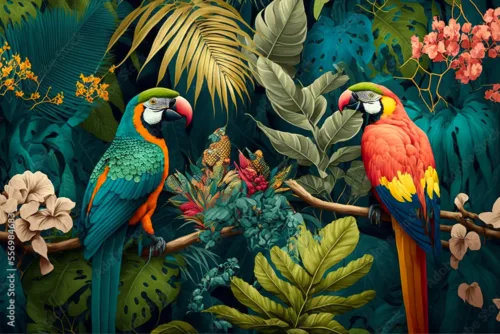 Tropical rainforest with Parrots Mural Wallpaper