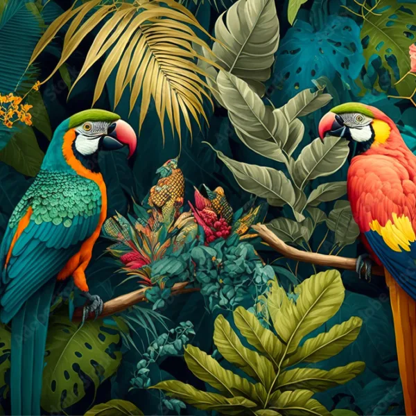 Tropical rainforest with Parrots Mural Wallpaper Tropical rainforest with Parrots Mural Wallpaper