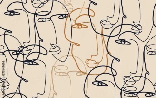Boho Drawing Faces Wallpaper Seamless Pattern – Beige Brown Minimalist Modern Aesthetic Mural