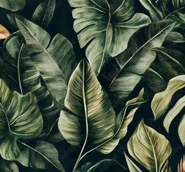 Lush Tropical Leaf Mural Wallpaper – Nature-Inspired Botanical Decor in Dark Green and Gold Lush Tropical Leaf Mural Wallpaper – Nature-Inspired Botanical Decor in Dark Green and Gold