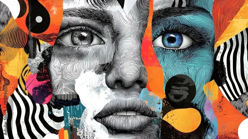 Abstract Black and White Mural Wallpaper – Colorful Faces Collage for Contemporary Spaces