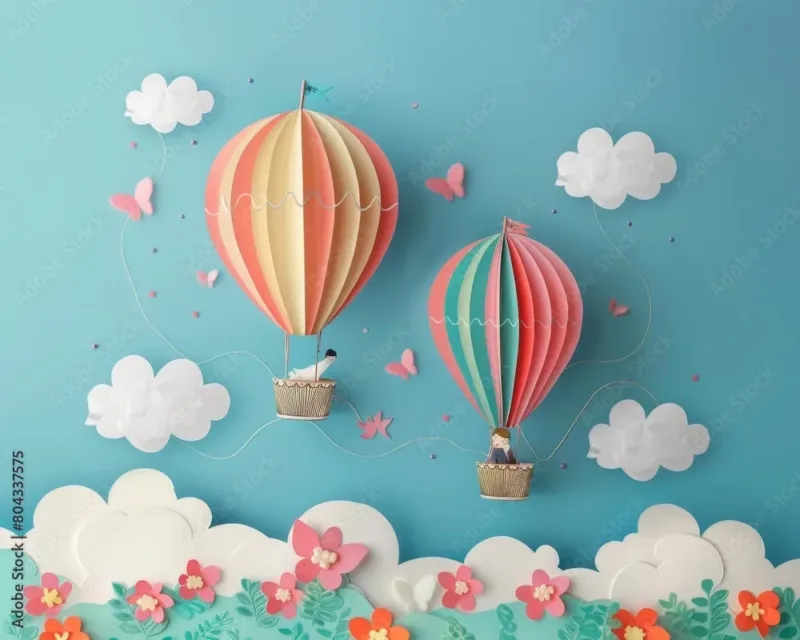 Hot Air Balloon Mural Wallpaper – Vibrant Floral Field with Blue Sky and Clouds