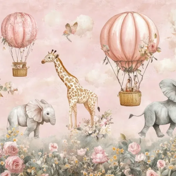 Cycling Animals Kids Wallpaper Mural – Watercolor Design with Balloons Cycling Animals Kids Wallpaper Mural – Watercolor Design with Balloons