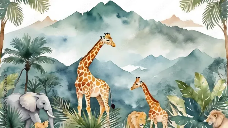 Safari Wildlife Wallpaper Mural – Colorful Tropical Animals for Nursery